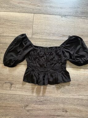 Forever 21 Black Puff Sleeve Smocked Peplum Blouse